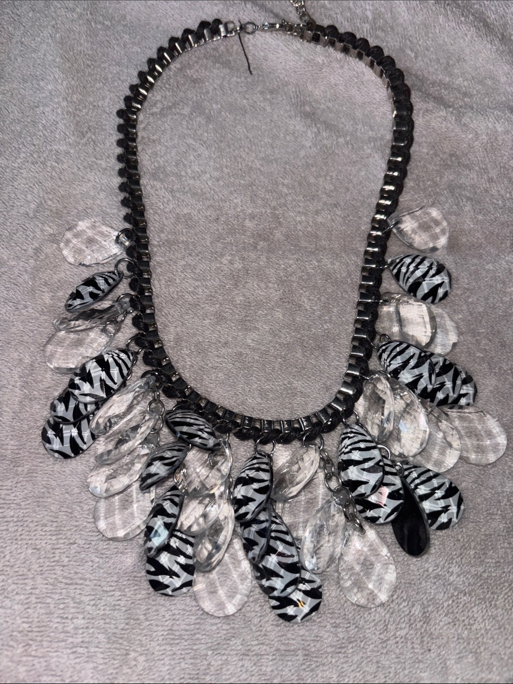 Statement Zebra Print & Clear Drop Necklace - Black